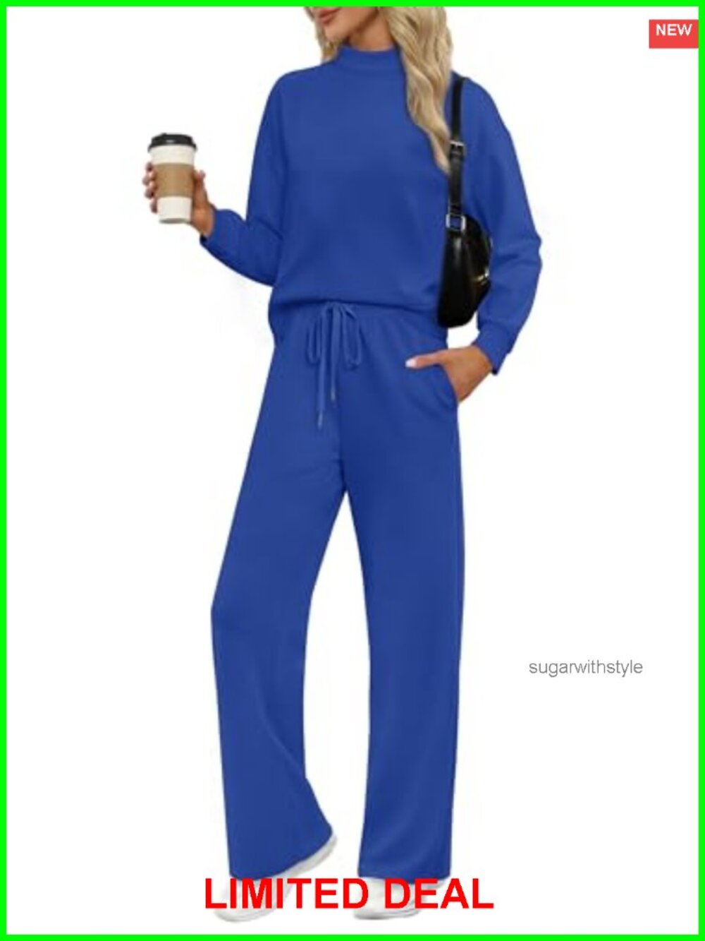 WIHOLL Two Piece Set Mock Neck Long Sleeve Top Wide Leg Pants Tracksuit
